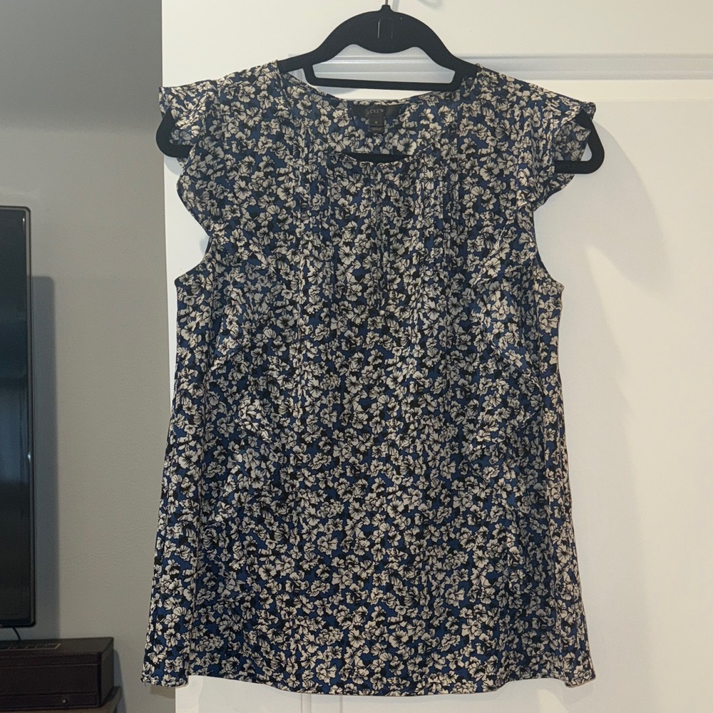 J. Crew Black, Blue and White Floral Blouse